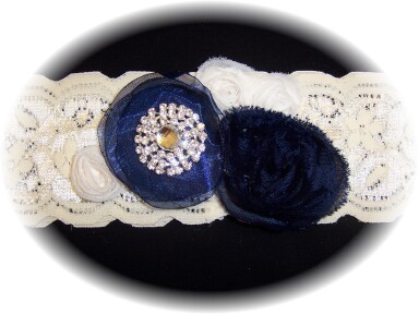 Ivory And Navy Blue Lace Wedding Garter 513