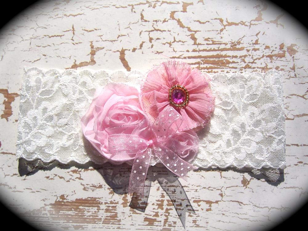 Vintage Pink Flowers And Lace Wedding Garter 519